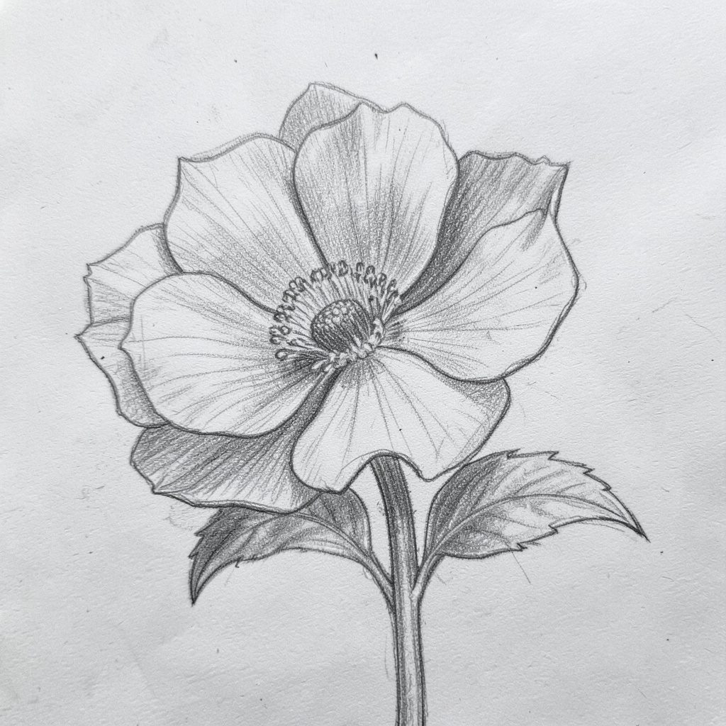 Soft primrose bloom rendered in pale yellow and muted gray pencil strokes