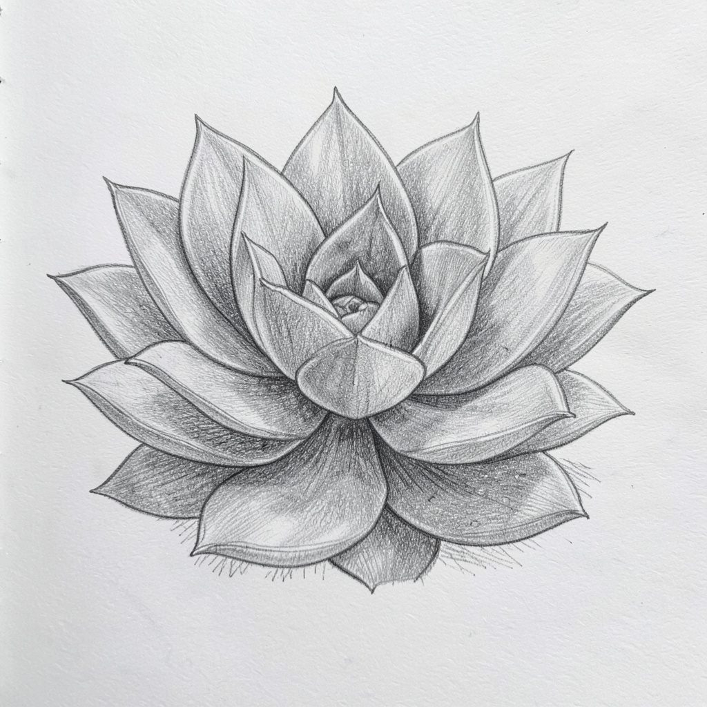 Close-up of a plump succulent rosette sketched in graphite with sage and rose undertones