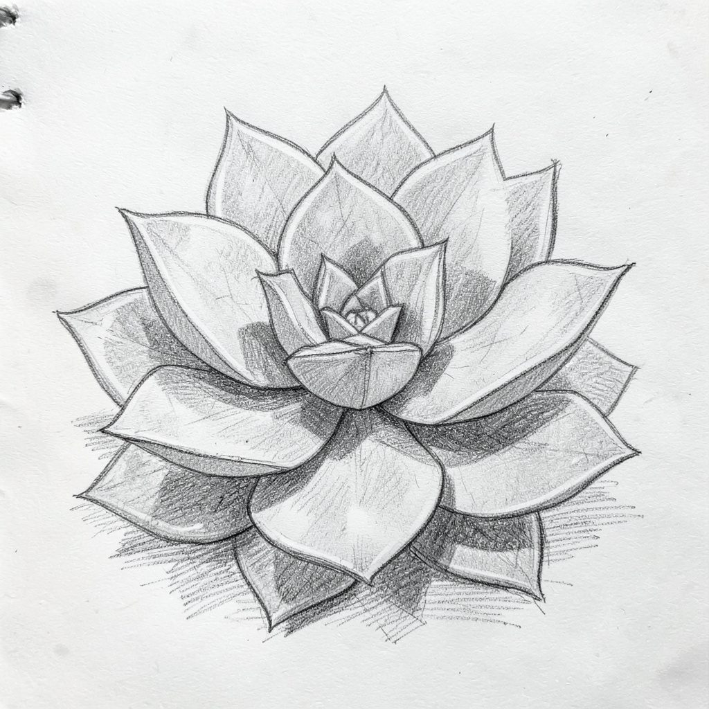 Succulent cluster drawn in graphite with hints of plum and dusty green
