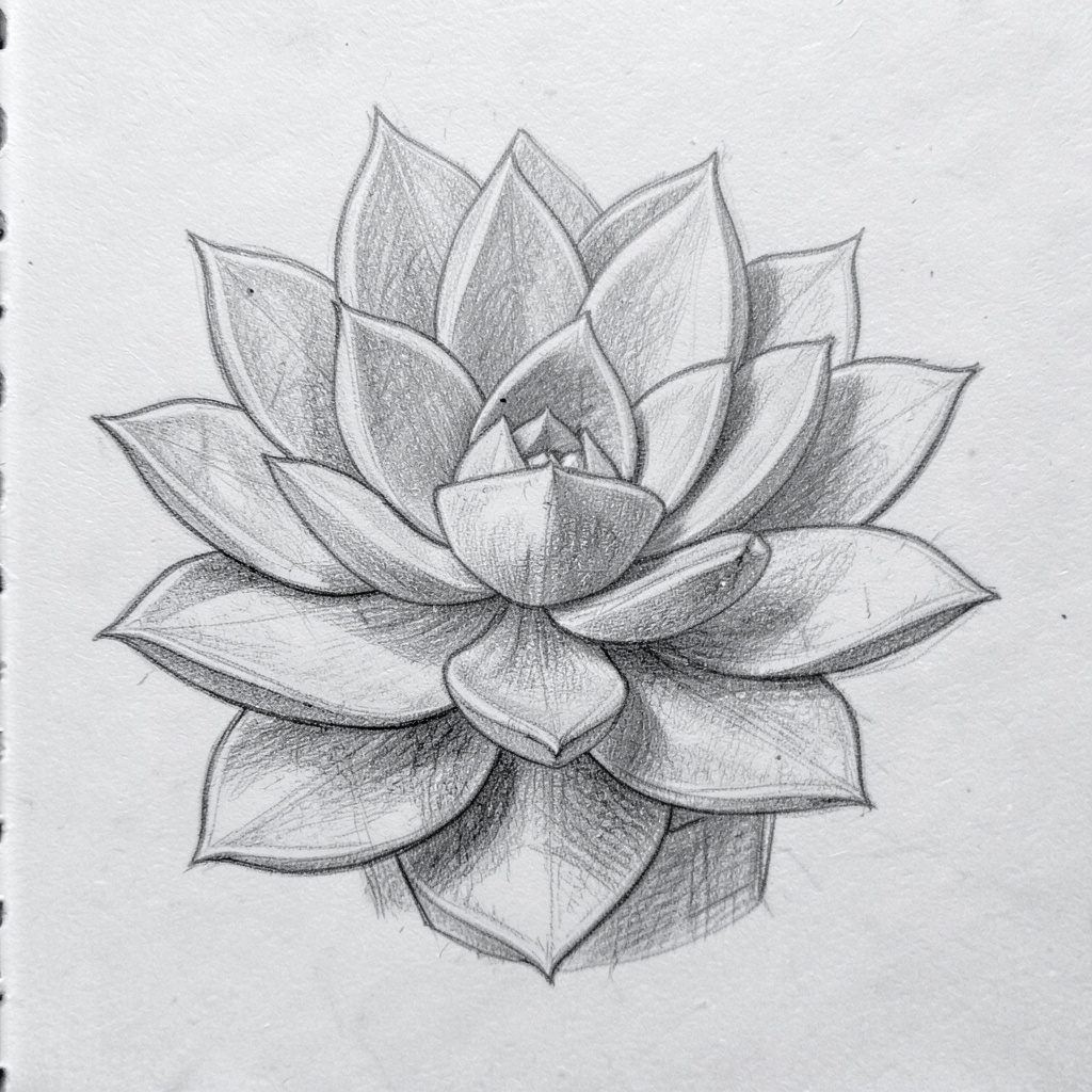 Single succulent rosette sketched in charcoal with warm sand and olive highlights